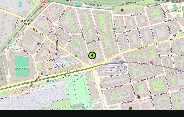 Mapa s vyznačenou provozovnou Letná Bike, Čechova 122/6, 170 00 Praha 7